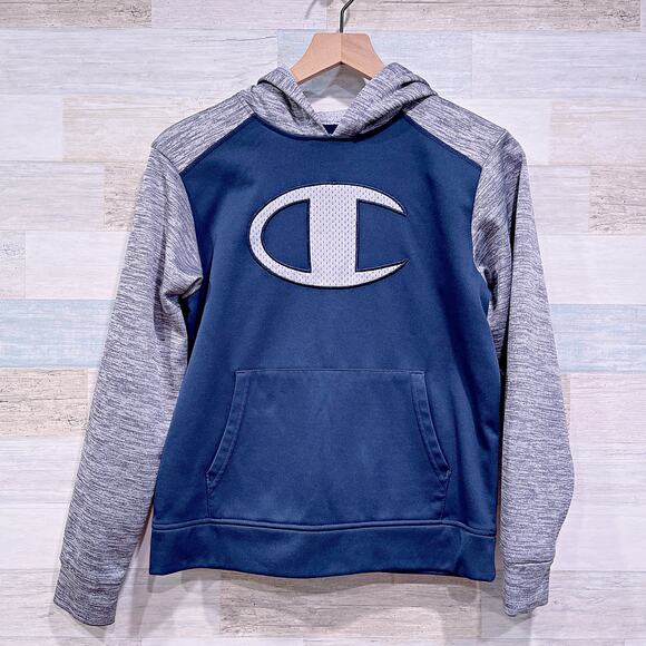 Champion Raglan Colorblock Tech Fleece Hoodie Blue Gray Pocket Boys Large - Picture 1 of 5